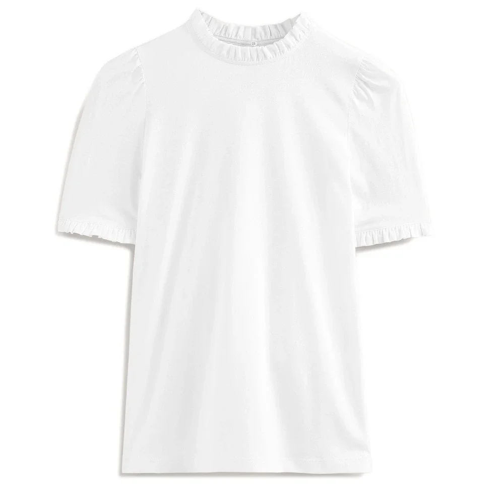 Boden Women's Supersoft Frill Detail Ruffle Neck Puff Sleeve T-shirt Sz 6 White